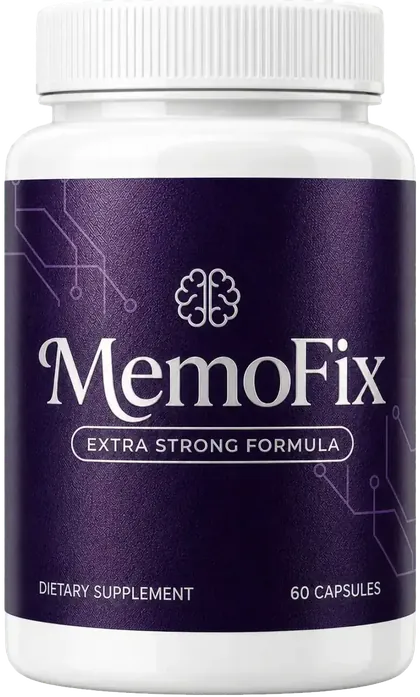 A single Memofix bottle, deep plum label with lilac circuit lines, brain-outline logo, Extra Strong Formula, 60 Capsules