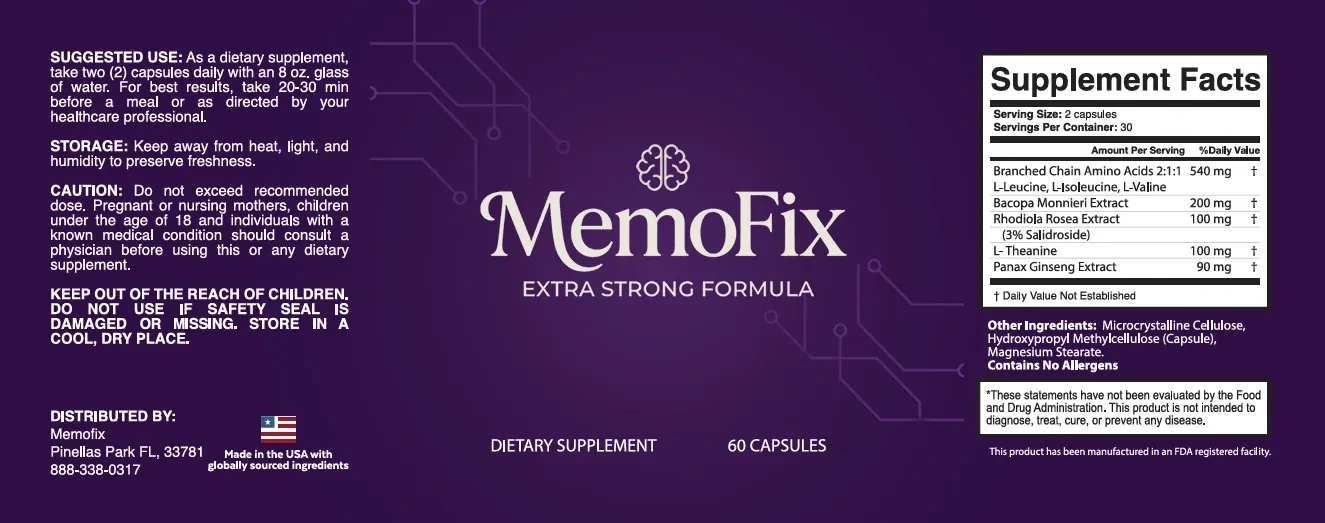 The full Memofix label laid flat: suggested use, storage and caution on the left, the MemoFix name and Extra Strong Formula in the middle, the Supplement Facts panel on the right